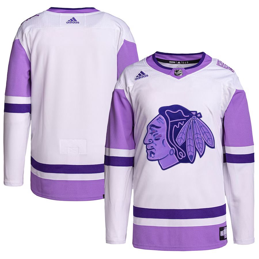Men Chicago Blackhawks adidas White Purple Hockey Fights Cancer Primegreen Authentic Blank Practice NHL Jersey->chicago blackhawks->NHL Jersey